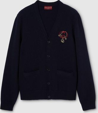 Gucci Knit Wool Cardigan With Embroidery, Size XXXL, Blue, Ready-to-wear