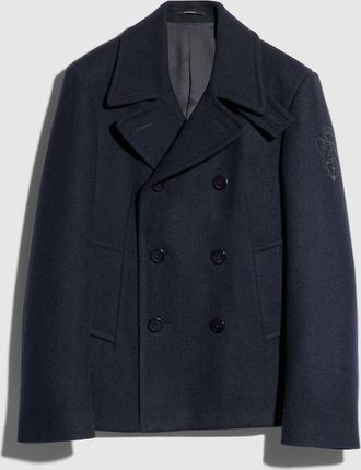 Gucci Felted Wool Coat With Embroidery, Size 46 IT, Blue