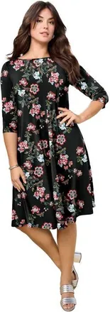 Roaman's Plus Size 3/4 Sleeve Boatneck Swing Dress in Black Spaced Blooms at Nordstrom, Size 24