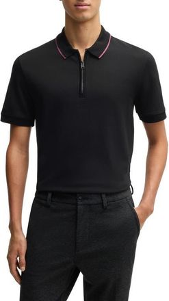 BOSS Paras Quarter Zip Cotton Polo in Black at Nordstrom, Size Small