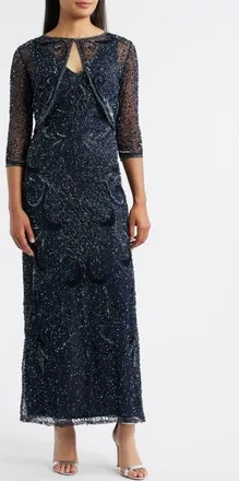Pisarro Nights Beaded Sequin Embellished Mesh Column Gown with Jacket in Navy at Nordstrom, Size 16