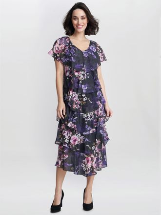 Gina Bacconi Womens Leticia Floral Print Midi Tiered Dress - Size 10 UK