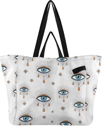 Generic Evil Eyes Stars White print Reusable Canvas Tote Bag, Heavy Duty Grocery Shopping Bag with Hard Bottom Double Handles Large Capacity Work Groceries Tr