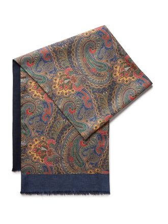 Oliver Brown Wool and Silk Paisley Scarf - Navy