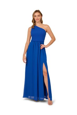 Adrianna Papell Womens One Shoulder Chiffon Gown - Blue - Size 16 UK
