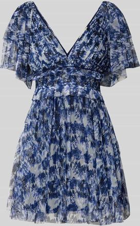 Lace & Beads Cocktailkleid aus Mesh mit V-Ausschnitt in Dunkelblau, Gr&ouml;&szlig;e XXS