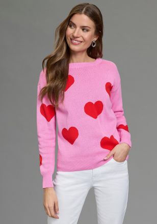 Laura Scott Jacquardpullover LAURA SCOTT, Damen, Gr. 32/34, rosa, rot gemustert, Feinstrick, Obermaterial: 100% Baumwolle, Jacquardmuster, gemustert, figurumspiel