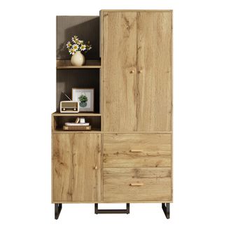 STILVORA Mueble De Entrada Con 1 Puerta, 2 Cajones, Barra Extra&iacute;ble Y Nichos, Paneles De Tela, Moderno, En Mdf, Negro Y Natural, 110&times;38&times;186 Cm