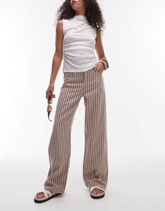 Topshop mid rise loose fit straight jeans in burgundy and buttermilk stripe-Multi