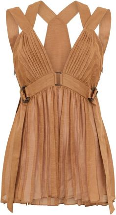 Alberta Ferretti Top met V-hals en plooien - Dames - Tops zonder mouwen - Beige - M - Linnen - Tops