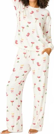 PJ Salvage Lets Get Toasty Holiday Wine Print Pajama Set In Ivory