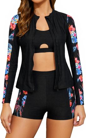 SHEKINI Womens 3 Piece Rash Guard Sets Long Sleeve Zip Up UV Sun Protection Swimwear Slim Fit Beach Surfing Swimsuits Swim Shirt with Boyshorts
