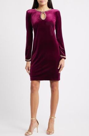 Vince Camuto Beaded Keyhole Long Sleeve Velvet Dress in Wine at Nordstrom Rack, Size 14