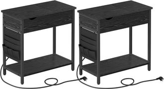 Vasagle 2 mesitas auxiliares estrechas con puertos USB, color negro madera