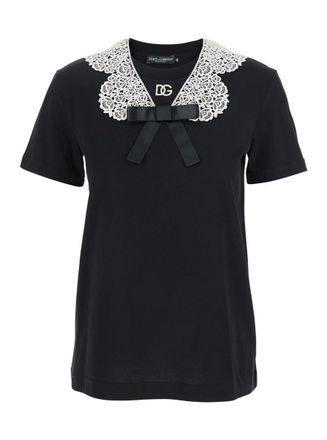 Dolce & Gabbana Black T-Shirt With Bow On The Front And Lace Details In Cotton Woman