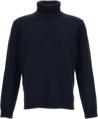 Zanone Dark Navy Blue Turtleneck Sweater with Ribbed Details
