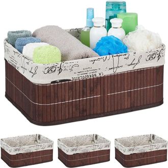 Relaxdays Relaxdays Set of 4 Storage Baskets, Fabric Cover, Retro Pattern, Bamboo, Bathroom Organiser, 16.5x38x28.5 cm, Brown