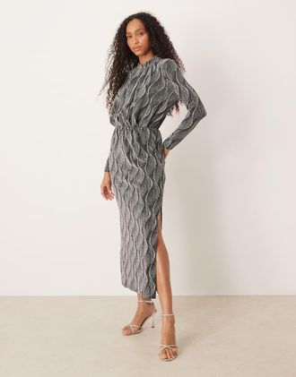 Vero Moda Vestito lungo accollato argento glitterato a maniche lunghe