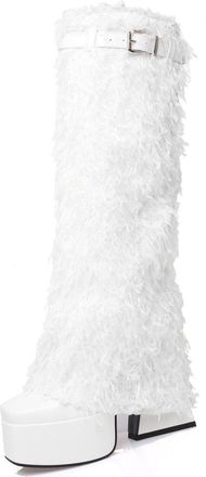 Generic Womens Square Toe Knee High Boots Chunky High Heel Platform Long Boots PU Leather Punk Boot with Buckle,White,6.5 UK