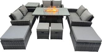 Fimous Outdoor Love Sofa Set 10 Seat Rattan Garden Furniture Set with Gas Firpit Dining Table 4 Footstools Side Table Dark Grey Mixed - Fimous