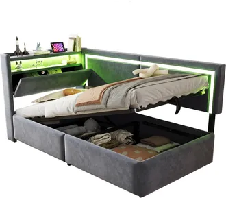 STILVORA Cama Div&aacute;n 90 X 200 Cm De Terciopelo Con Arc&oacute;n, Estantes, Puerto Usb Y Led, Sin Colch&oacute;n, Gris Oscuro