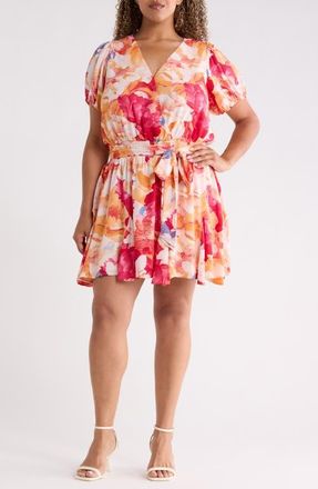 Sugarlips Floral Print Surplice Minidress in Coral at Nordstrom, Size 1 X