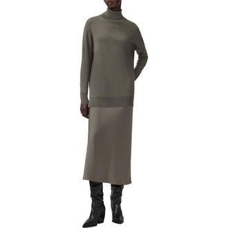 AllSaints Juno Long Sleeve 2-in-1 Sweater & Slipdress in Light Khaki Green at Nordstrom, Size X-Small