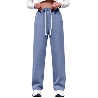 Generic Wide Leg Jeans for Women Baggy High Waisted Jeans Stretch Straight Leg Pants Casual Drawstring Trousers Blue