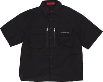 Acupuncture Zwarte korte mouwen shirt met zakken - Heren - Korte mouwen Overhemden - Zwart - S - Nylon - Overhemden