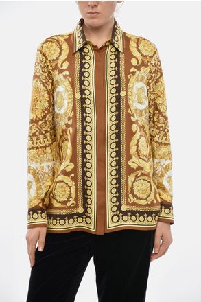 Versace Camicia in Seta a Motivo Barocco con Bottoni Effetto Dorato Versace