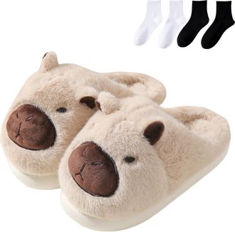 Generic Capybara Slippers, Cute Plush Cartoon Slippers, Fuzzy Plush Slides, Winter Warm with Non-slip Thick Sole (Beige-A, One Size, Adult, Women, 6.5, Numeri