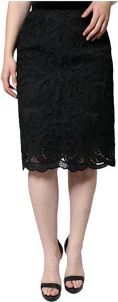 Dolce & Gabbana Zwarte Bloemenkant Potloodrok - Dames - Midirokken - Zwart - 2XL - Katoen - Rokken
