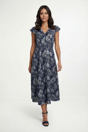 Wallis Womens Floral Jacquard Cap Sleeve Midi Dress - Navy Viscose - Size 14 UK