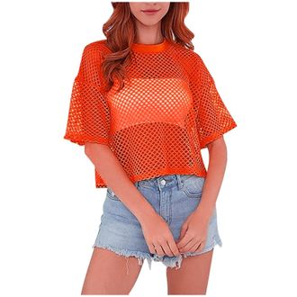 Generic Women Mesh Fishnet Top Short/Long Sleeve Top Hollow Out Hoodie Crop Sexy Crochet Sexy See Through Shirt Slim Fit Mesh for Swim Beach Clubwear Yoga Spo