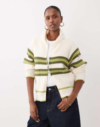 Kiwi & Co cardigan con zip frontale a righe in crema e verde-Bianco
