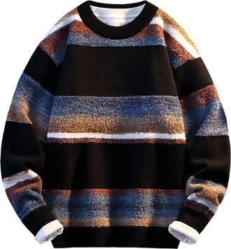 Generic Mens Jumper UK Knitted Look Casual Knit Warm Mens Sweaters Knitwear Thermal Crew Neck Print Jumpers for Men UK Designer Loose Fit Thickened Fleece Pul