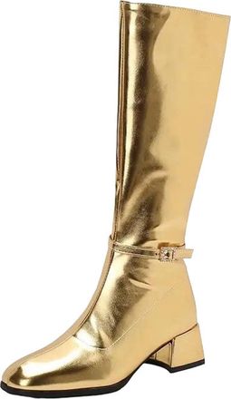 Generic Womens Fashion Knee High Boots Round Toe Medium Chunky Heel With Side Zipper And Metal Trims For Dating Shoes
