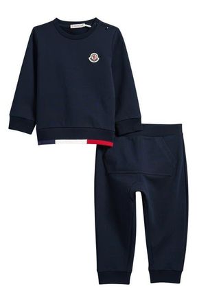 Moncler Kids Contrast Trim Stretch Cotton Sweatshirt & Joggers Set in Navy at Nordstrom, Size 12-18M