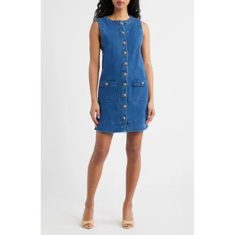 Flying Tomato Button-Up Denim Shift Minidress in Medium Indigo at Nordstrom, Size Small