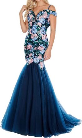 Rachel Allan Embroidered Floral Mermaid Dress In Navy/floral