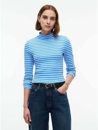 Tommy Hilfiger Womens Slim Fit Striped Mockneck T-Shirt - Blue - XXL