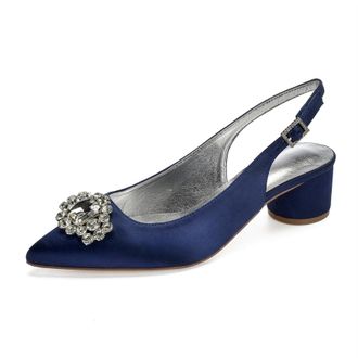 Generic Slingback Wedding Heels Womens Bridal Pointed Toe Chunky Heels Prom Evening Formal Party Pumps Shoes 4.5Cm,Dark Blue,7 UK