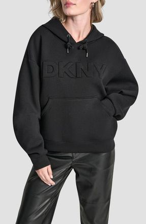 DKNY Embossed Logo Scuba Knit Hoodie in Black at Nordstrom, Size Xx-Small