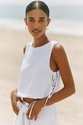 L*Space Rylee Linen Blend Side Tie Cropped Blouse