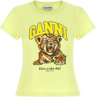 Ganni Basic Cotton Jersey Baby Fit T-shirt met tijgerprint - Dames - T-shirts - Groen - S - Katoen - Tops
