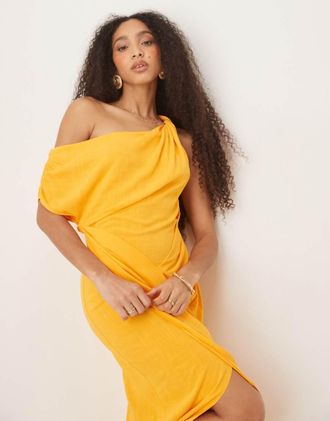 Asos Vestito midi in lino arancione con gonna avvolgente e spalle scese intrecciate