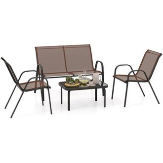 Costway Set Tavolo e Poltrona da Giardino, Set di Mobili 4 Pezzi per Esterno, con Tavolino in Vetro Temperato, Panca e 2 Poltrone, per Giardino