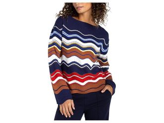 Liverpool L.A. Long Sleeve Boat Neck Scallop Hem Sweater Womens Sweater Navy/Brown/Multi Stripe : LG, Nylon/Polyester