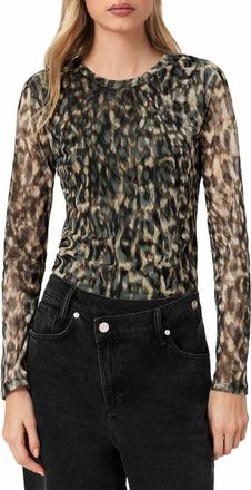 AllSaints Ellie Floral Long Sleeve Mesh T-Shirt in Leppo Brown at Nordstrom, Size 10 Us