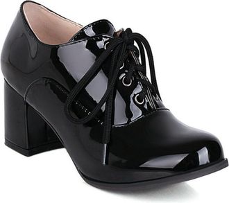 Generic Womens Patent Brogue Ankle Boots Lace-Up Chunky Heel Formal Shoes for Office Commute & Occasions,Black,1.5 UK